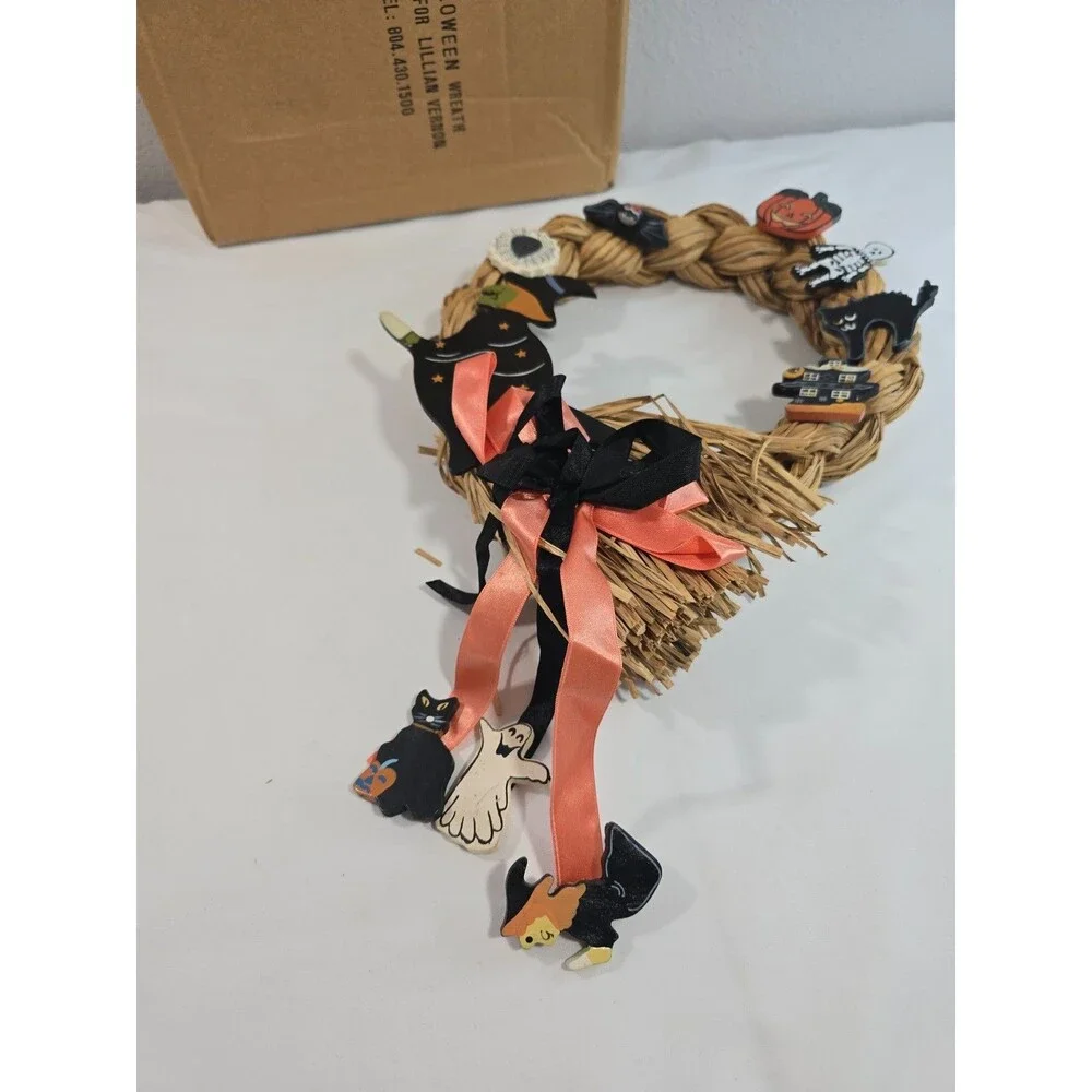 Vintage Rattan Halloween Wreath Witch By Lillian Vernon hand painted wooden